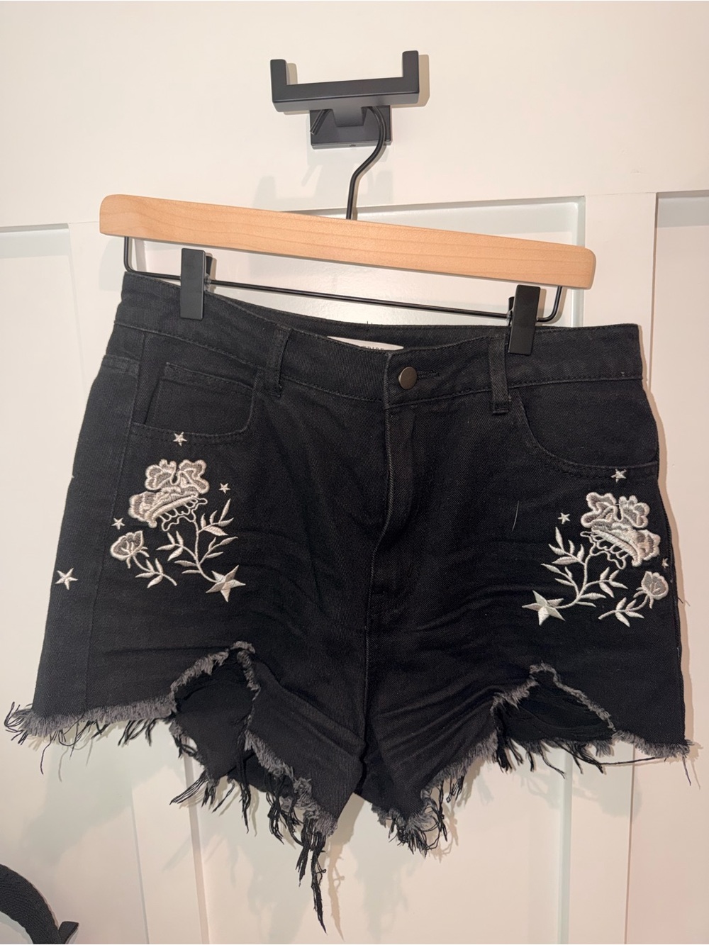 12th Tribe Black Embroidered Distressed Jean Shorts